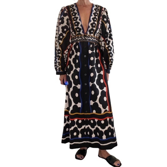 NWT Farm Rio Black and White Farm Daisy Plunging Neck Maxi Dress (S) - Picture 5 of 9